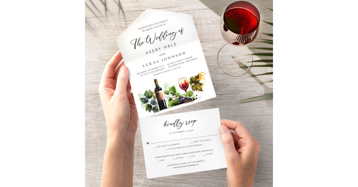 Elegant Wine Themed Watercolor Vineyard All In One Invitation | Zazzle