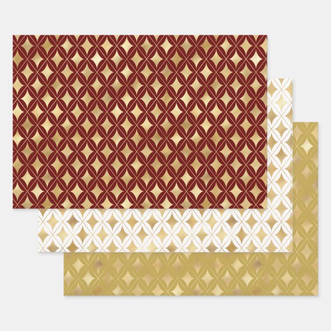 Elegant Wine, White & Gold Carnival Harlequin  Wrapping Paper Sheets (Set)