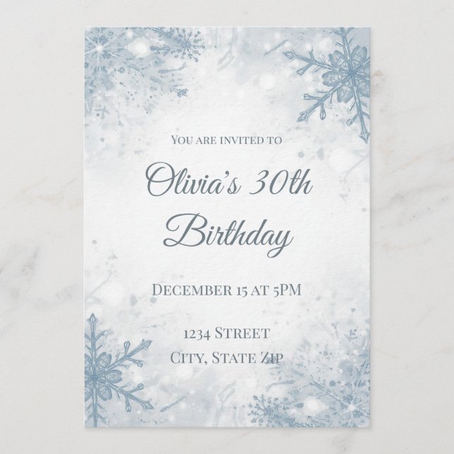 Elegant Winter 30th Birthday Invitation – Icy Snow (Front)