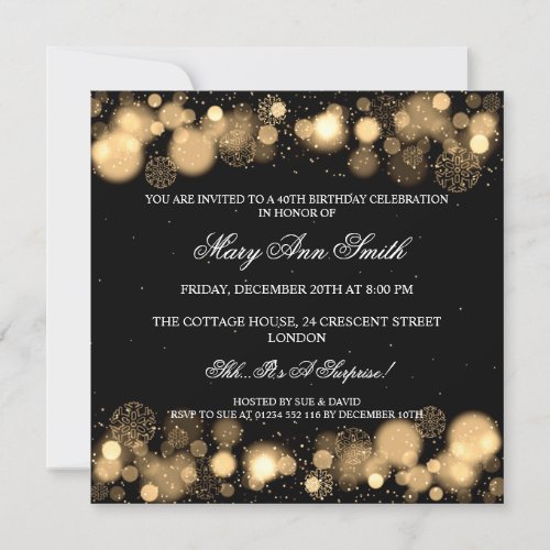 Elegant Winter 40th Birthday Party Gold 5.25x5.25 Square Paper Invitation Card