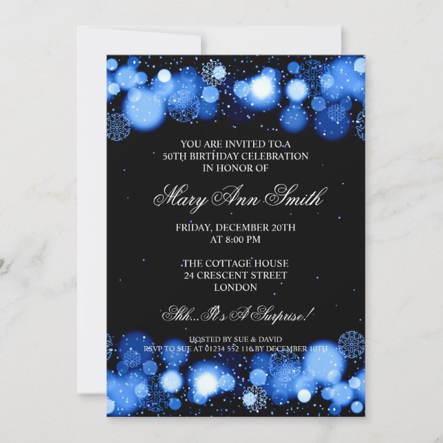 Elegant Winter 50th Birthday Party Blue Invitation (Front)
