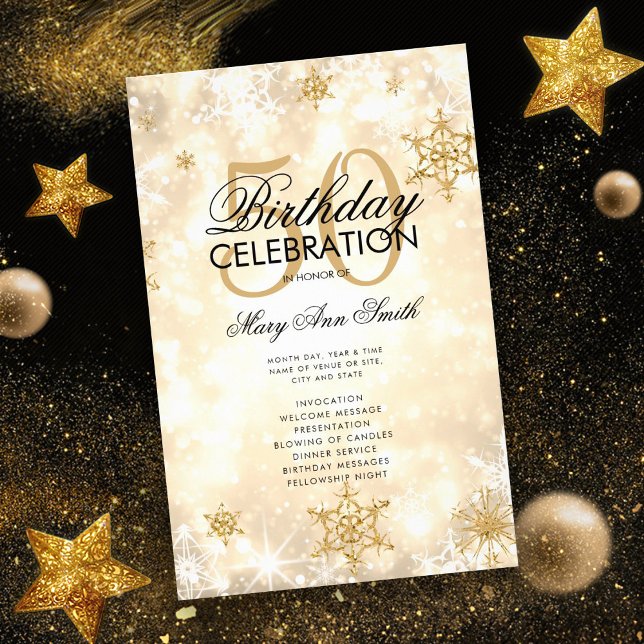 Elegant Winter 50th Birthday Program Gold w/ Menu Flyer (Creator Uploaded)
