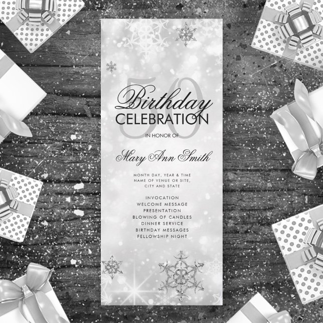Elegant Winter 50th Birthday Program Silver Menu (Creator Uploaded)