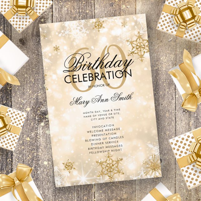 Elegant Winter 60th Birthday Program Gold w/ Menu Flyer (Creator Uploaded)