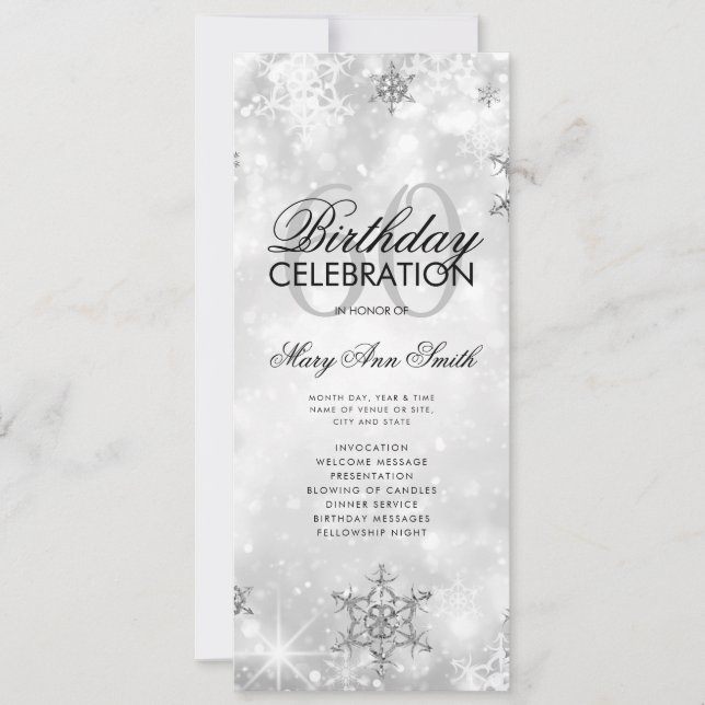 Elegant Winter 60th Birthday Program Silver Menu (Front)