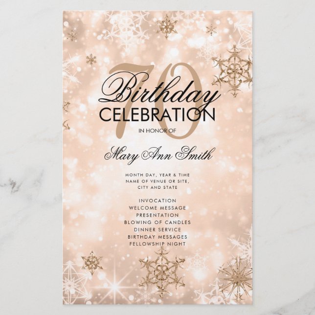 Elegant Winter 70 Birthday Program  Rose Gold Menu Flyer (Front)