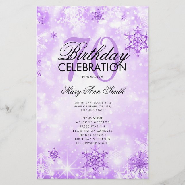 Elegant Winter 70th Birthday Program Purple Menu Flyer (Front)