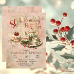 Elegant Winter 80th Birthday Par-Tea Party Invitation<br><div class="desc">Elegant, classy and sophisticated beribboned winter greenery and berries tea set with a beautiful triple-layered cherry cake design "80th Birthday Par-Tea" in shades of blush pink, dusky red and dark sage green with gold-toned accents. The background is a multi-layered distressed watercolor and alcohol and ink combination to create an aged,...</div>