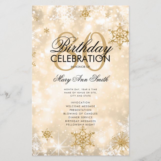 Elegant Winter 80th Birthday Program Gold w/ Menu (Front)