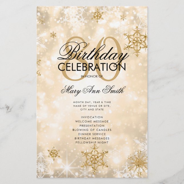 Elegant Winter 80th Birthday Program Gold w/ Menu Flyer (Front)