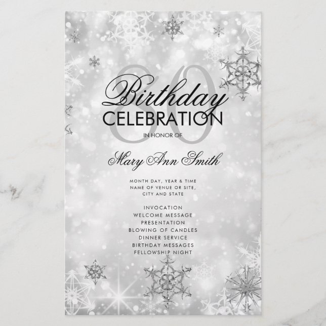 Elegant Winter 80th Birthday Program Silver Menu Flyer (Front)