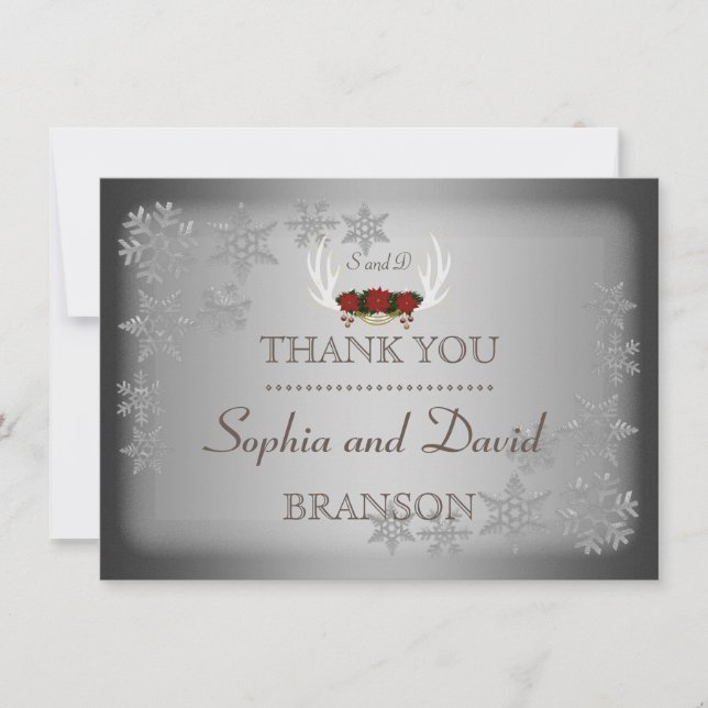 Elegant Winter Antlers Grey Wedding THANK YOU Card (Front)