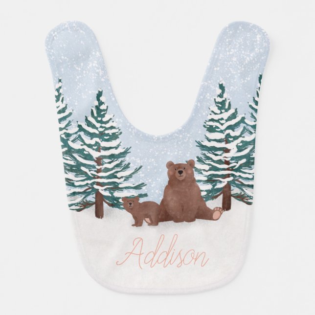 Elegant Winter Bears and Woodland Forest Baby Bib (Front)