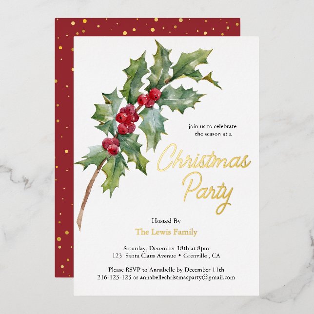 Elegant Winter Berries Holiday Foil Invitation (Front/Back)
