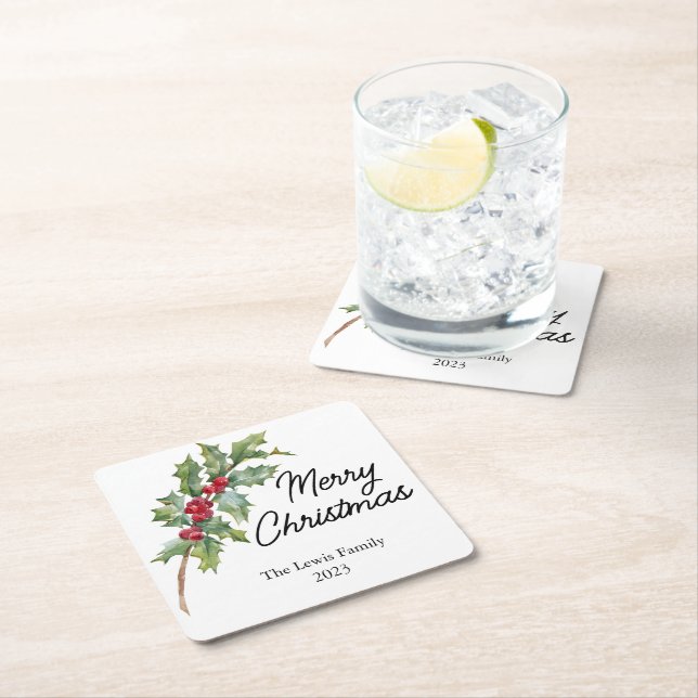 Elegant Winter Berries Holiday Party  Square Paper Coaster (Insitu)