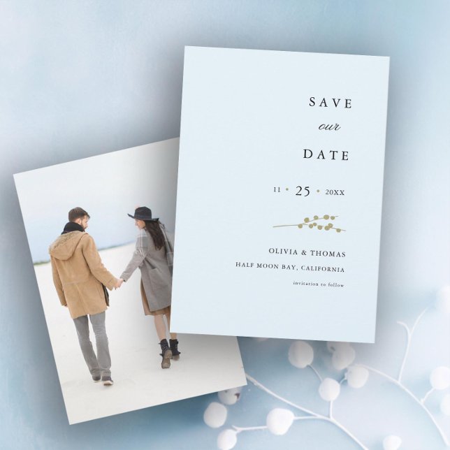 Elegant Winter Berries Photo Wedding Save the Date Invitation (winter wedding save the date ice blue gold berries botanical elegant modern classic simple classy)