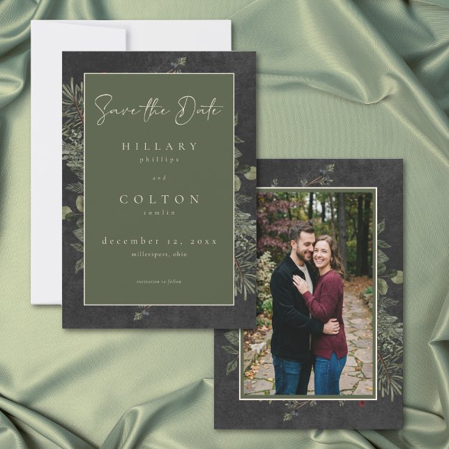 Elegant Winter Berries Pine Black Wedding Photo Save The Date (Elegant Winter Berries Pine Black Wedding Photo Save The Date)