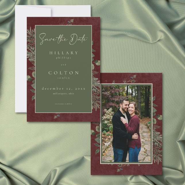 Elegant Winter Berries Pine Burgundy Wedding Photo Save The Date (Elegant Winter Berries Pine Burgundy Wedding Photo Save The Date)