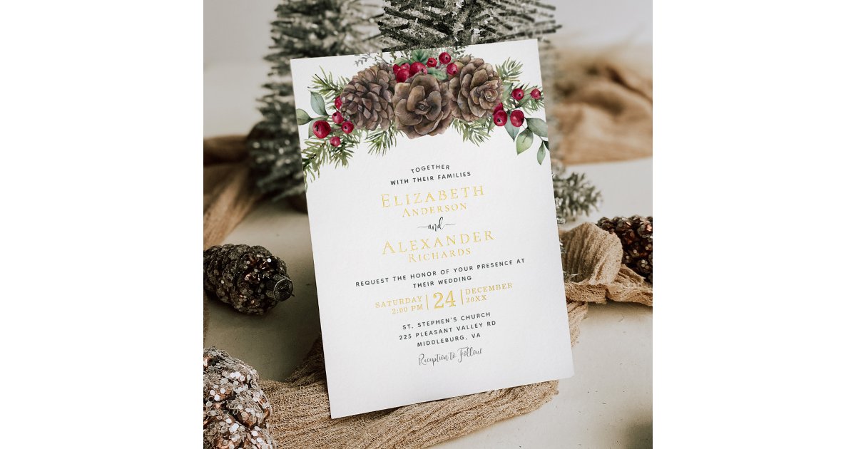 Elegant Winter Berries Pine Cone Christmas Wedding Foil Invitation | Zazzle