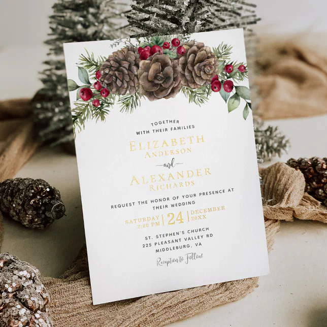 Elegant Winter Berries Pine Cone Christmas Wedding Foil Invitation | Zazzle