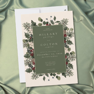 Elegant Winter Berries & Pine Ivory Wedding Invitation