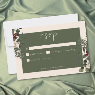 Elegant Winter Berries & Pine Ivory Wedding RSVP Card