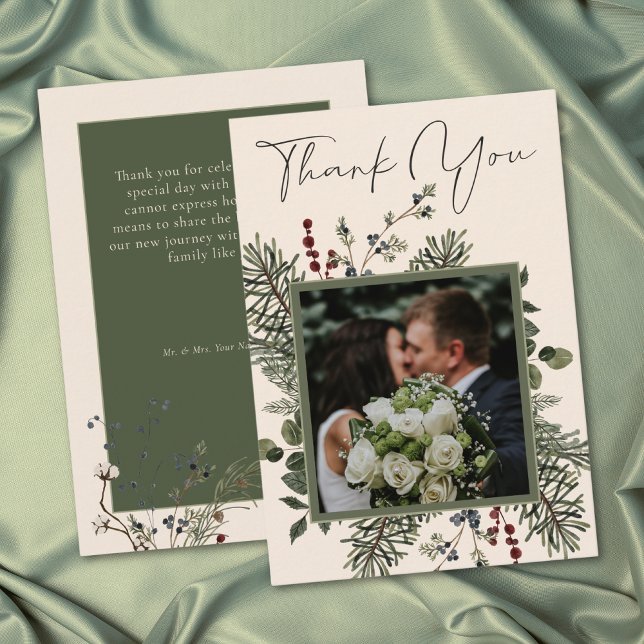 Elegant Winter Berries & Pine Ivory Wedding Thank You Card (Elegant Winter Berries & Pine Ivory Wedding Thank You Card)
