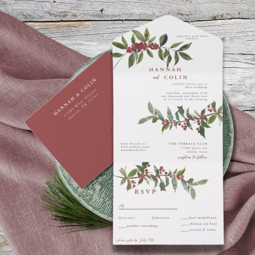 Elegant Winter Berries Red Green Watercolor All In One Invitation
