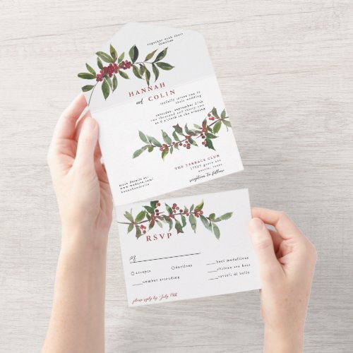 Elegant Winter Berries Red Green Watercolor All In One Invitation