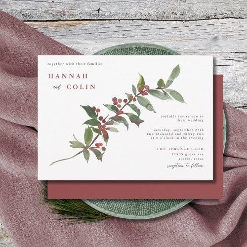 Elegant Winter Berries Red Green Watercolor Invita Invitation