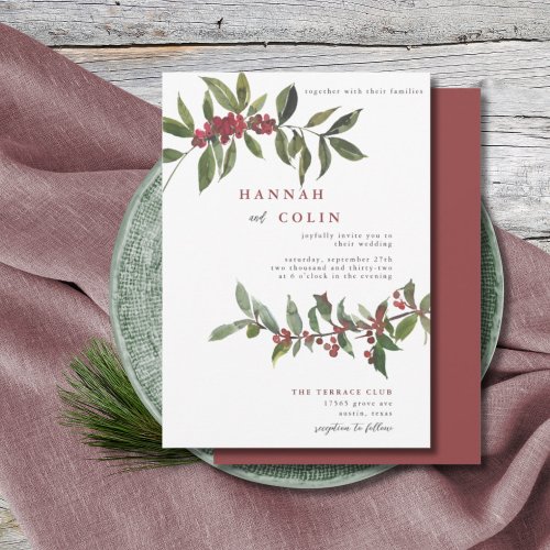 Elegant Winter Berries Red Green Watercolor Invitation