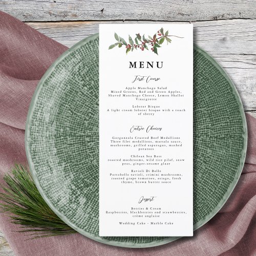 Elegant Winter Berries Red Green Watercolor Menu