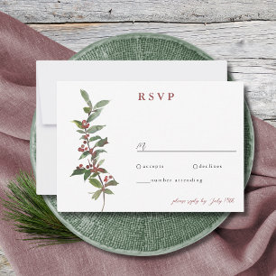 Elegant Winter Berries Red Green Watercolor RSVP C Card