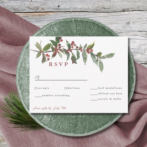 Elegant Winter Berries Red Green Watercolor RSVP Card