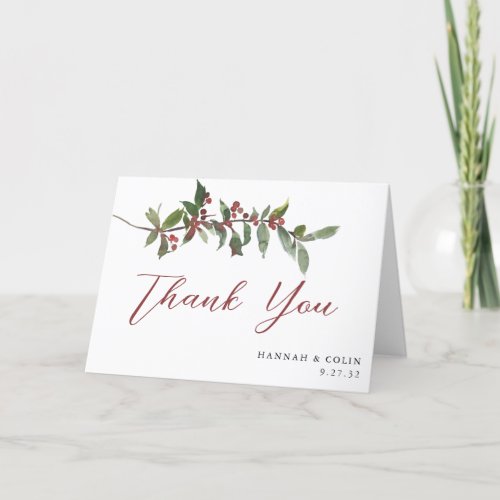 Elegant Winter Berries Red Green Watercolor Thank You Card