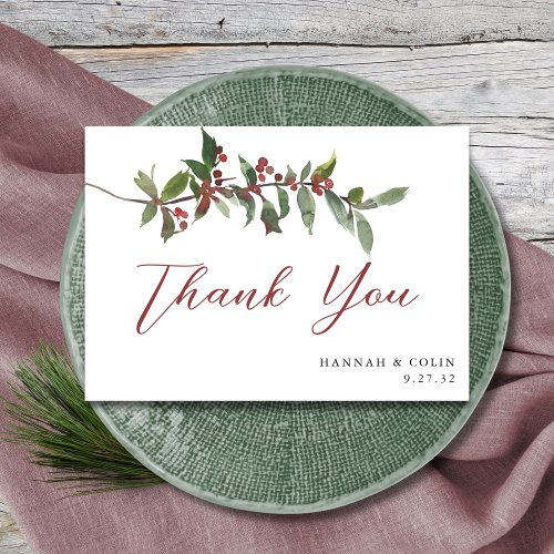 Elegant Winter Berries Red Green Watercolor Thank You Card