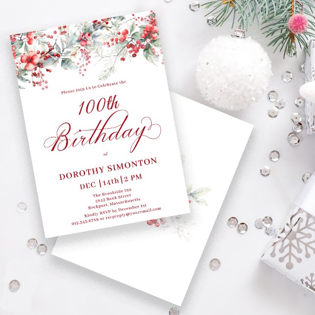 Elegant Winter Berry Botanical 100th Birthday Invitation (Creator Uploaded)