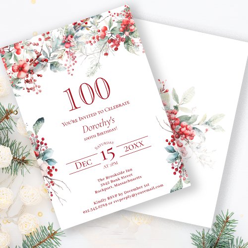 Elegant Winter Berry Botanical 100th Birthday Invitation