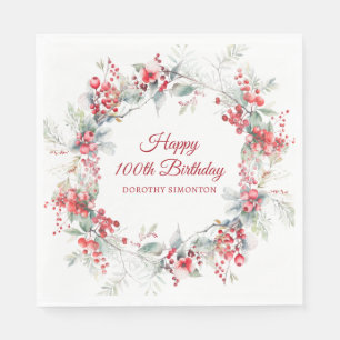 Elegant Winter Berry Botanical 100th Birthday Napkins