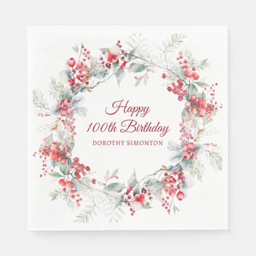 Elegant Winter Berry Botanical 100th Birthday  Napkins