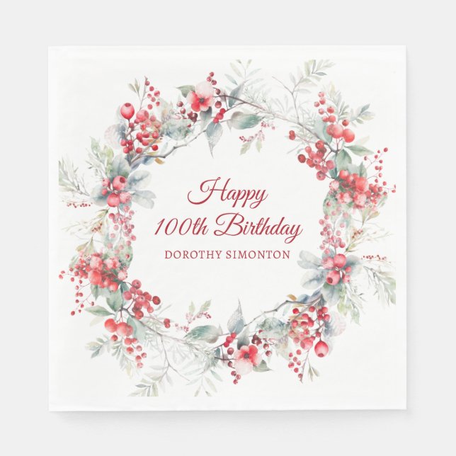 Elegant Winter Berry Botanical 100th Birthday  Napkins (Front)
