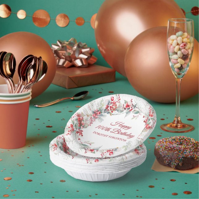 Elegant Winter Berry Botanical 100th Birthday  Paper Bowls (Multi)
