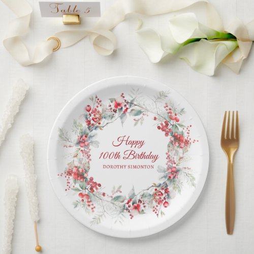 Elegant Winter Berry Botanical 100th Birthday  Paper Plates