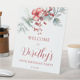 Elegant Winter Berry Botanical 100th Birthday Pedestal Sign