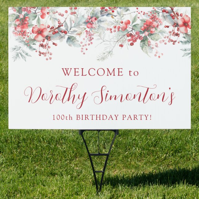 Elegant Winter Berry Botanical 100th Birthday Yard Sign (Insitu)