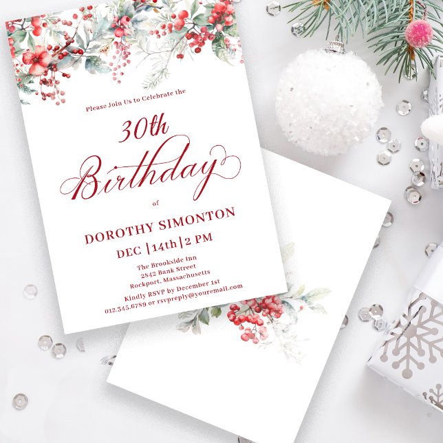 Elegant Winter Berry Botanical 30th Birthday Invitation (Creator Uploaded)