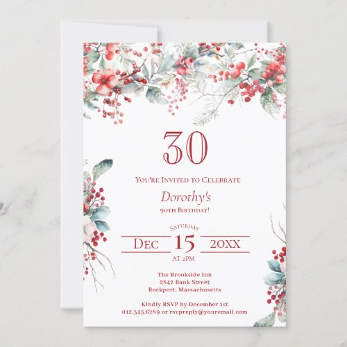 Elegant Winter Berry Botanical 30th Birthday Invitation