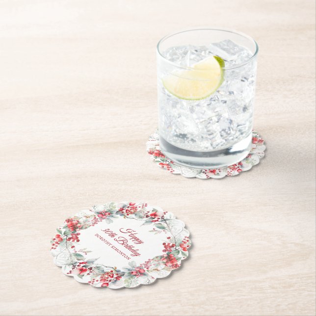 Elegant Winter Berry Botanical 30th Birthday Paper Coaster (Insitu)