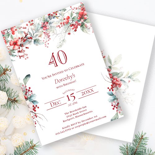 Elegant Winter Berry Botanical 40th Birthday Invitation