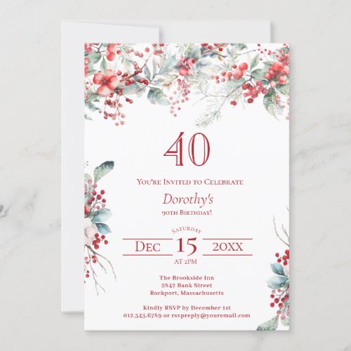 Elegant Winter Berry Botanical 40th Birthday Invitation